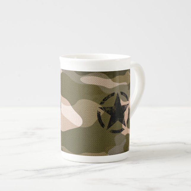 Star Stencil Vintage on Camouflage Bone China Mug (Front Right)