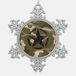 Star Stencil Vintage on Camouflage Snowflake Pewter Christmas Ornament
