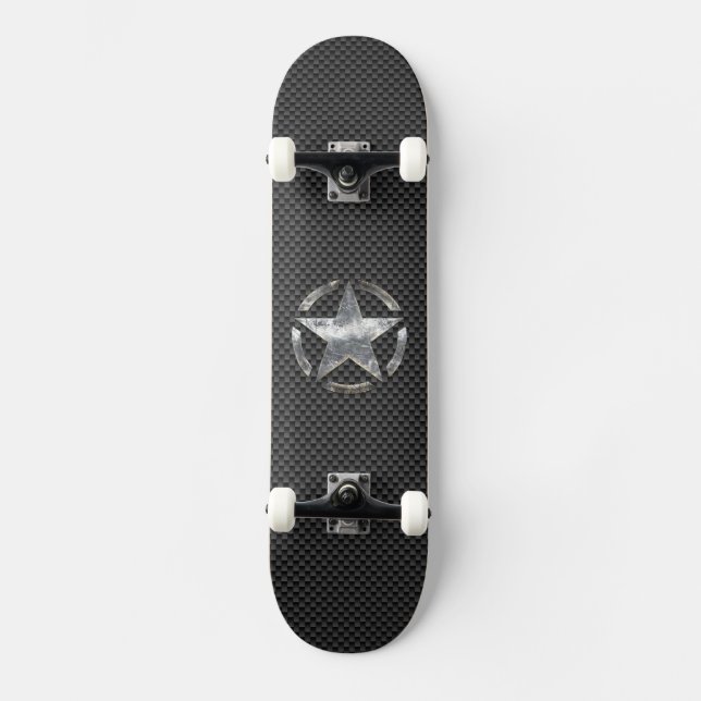Star Stencil Vintage Tag Carbon Fiber Style Skateboard (Front)