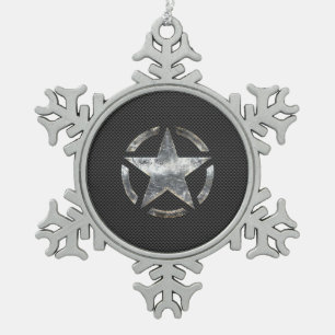 Star Stencil Vintage Tag Carbon Fiber Style Snowflake Pewter Christmas Ornament