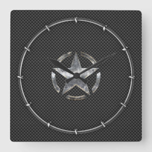 Star Stencil Vintage Tag Carbon Fiber Style Square Wall Clock