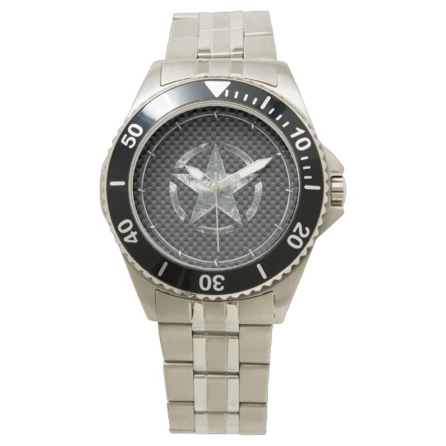 Star Stencil Vintage Tag Carbon Fiber Style Watch (Front)