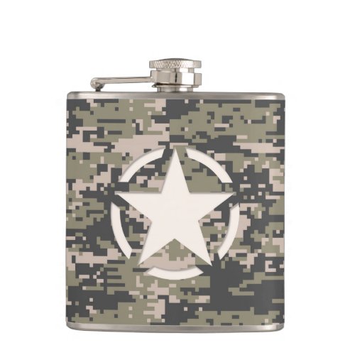 Star Stencil Vintage Tag Digital Khaki Style Hip Flask