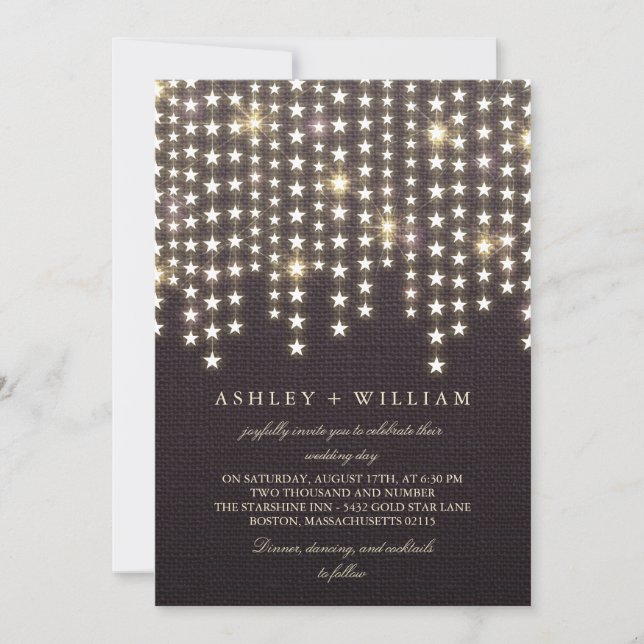 Star String Lights Dark Burlap Evening Wedding Invitation (Front)