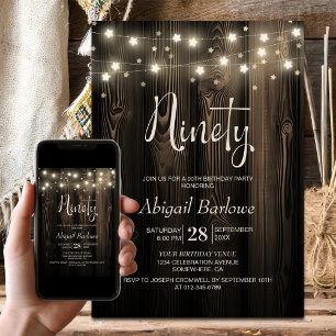 Star String Lights Wood 90th Birthday Party Invitation