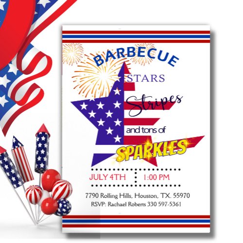 Star Stripes And Sparkles 4th Of July Barbecue Invitation