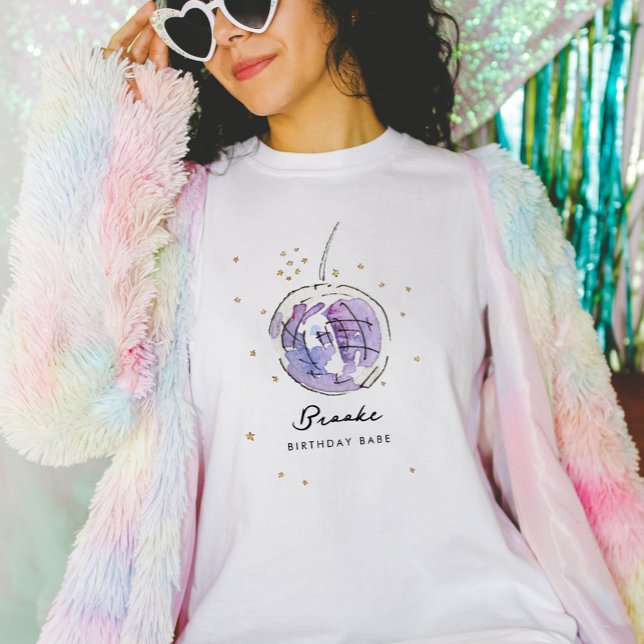 Star Studded Disco Ball Watercolor Birthday Babe T-Shirt (Fabulous watercolor painted disco ball personalized birthday babe/bride-to-be t-shirt.)