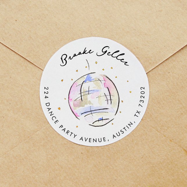 Star Studded Disco Ball Watercolor Return Address Classic Round Sticker (Fabulous watercolor painted disco ball return address label sticker.)