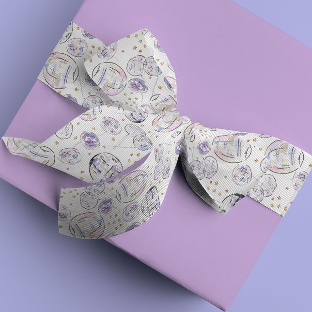 Star Studded Disco Balls Watercolor Satin Ribbon (Fabulous watercolor painted star studded disco balls pattern gift wrapping ribbon.)