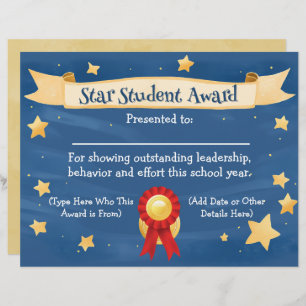 Star Student Award Certificate School Kids 8.5x11