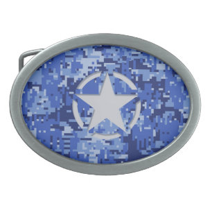 Star Symbol Decal Navy Blue Camouflage Oval Belt Buckle