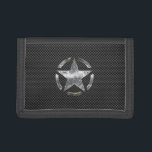 Star Symbol on a Carbon Style Decor Trifold Wallet<br><div class="desc">For a special occasion, a last minute gift; this custom designed steel like star on a fine carbon fiber style decor is sure to make a casual or a formal accent impression on, or off the beaten paths. Here's a selection of custom star designs available on embroidered casual gear and...</div>