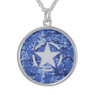 Star Tag Decal Navy Blue Camo Sterling Silver Necklace
