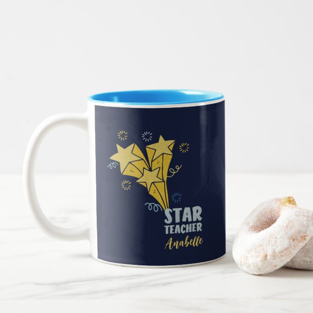 Star Teacher Custom Name Two-Tone Coffee Mug (With Donut)