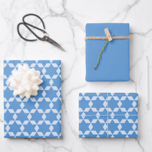 Star Tiles Geometric Hanukkah Pattern Blue Wrapping Paper Sheets