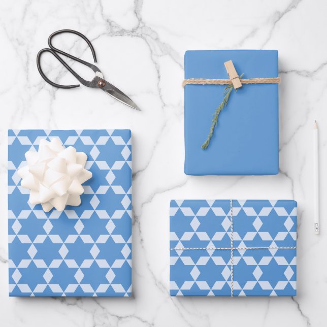 Star Tiles Geometric Hanukkah Pattern Blue Wrapping Paper Sheets (Front)