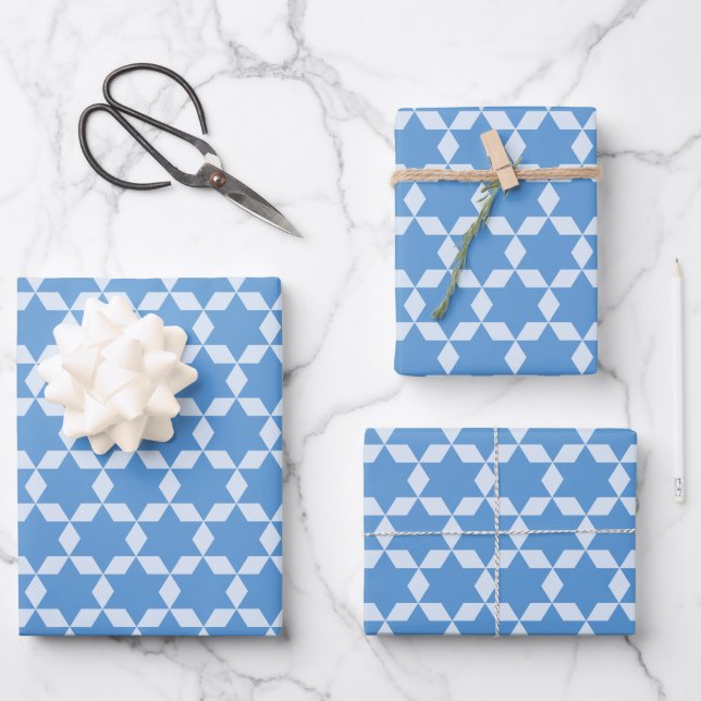 Star Tiles Geometric Hanukkah Pattern in Blue Wrapping Paper Sheets (Front)