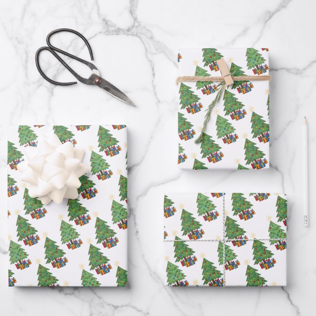 Star-topped Christmas Trees and Gifts Pattern Wrapping Paper Sheets (Front)