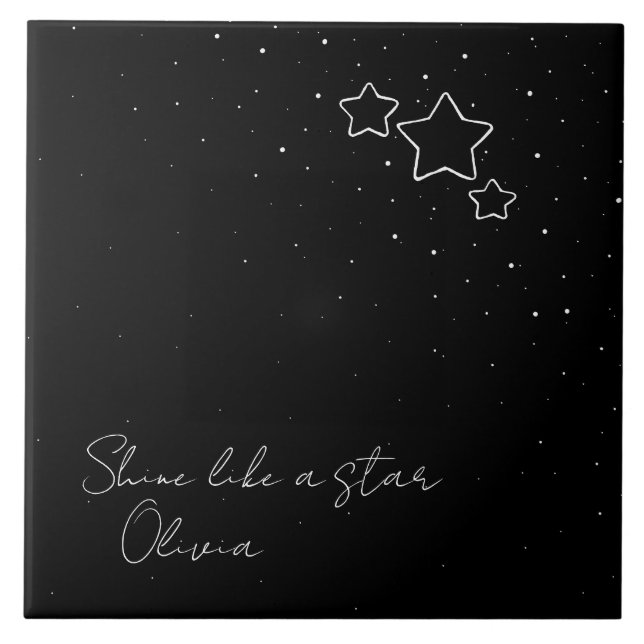 Star Trio in Black & White with message and name Ceramic Tile (Front)