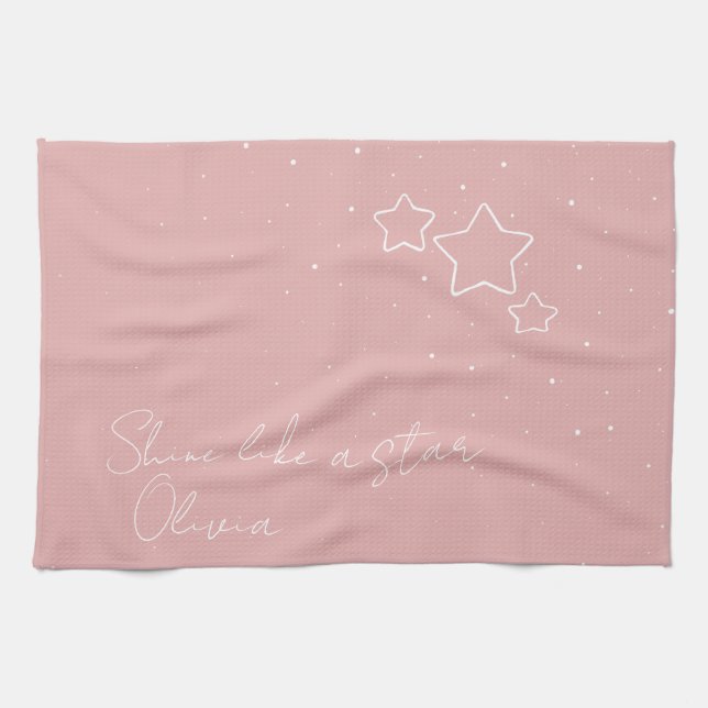 Star Trio in Pink & White with message and name Kitchen Towel (Horizontal)