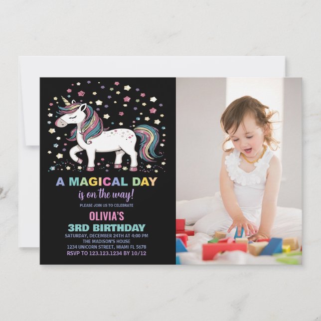 Star Unicorn Birthday Invitations with photo (Front)