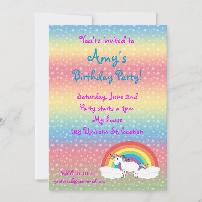 Star unicorn on rainbow birthday invitation (Front)