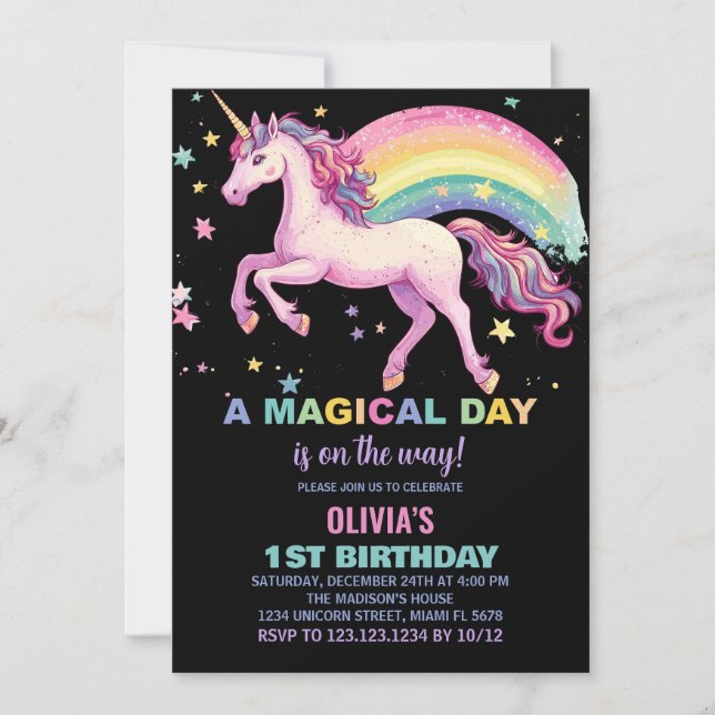 Star Unicorn Rainbow Birthday Invitations (Front)