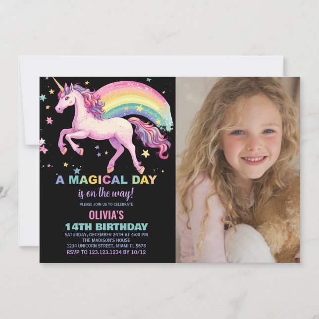 Star Unicorn Rainbow Birthday Invitations photo (Front)