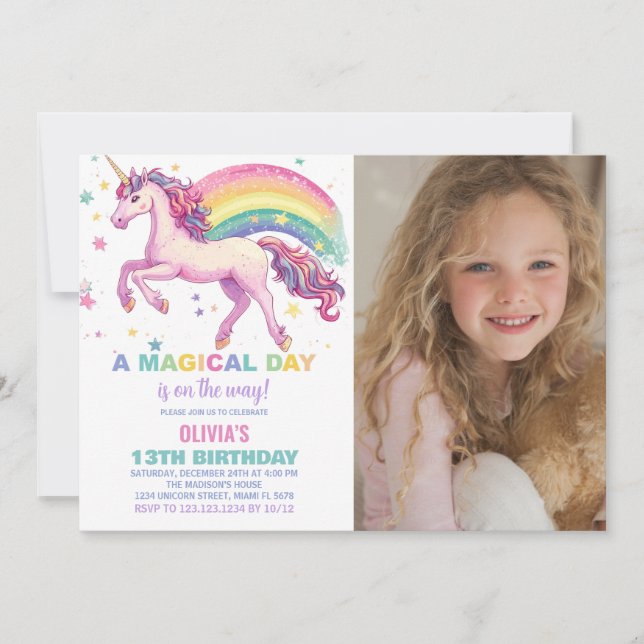 Star Unicorn Rainbow Birthday Invitations photo (Front)