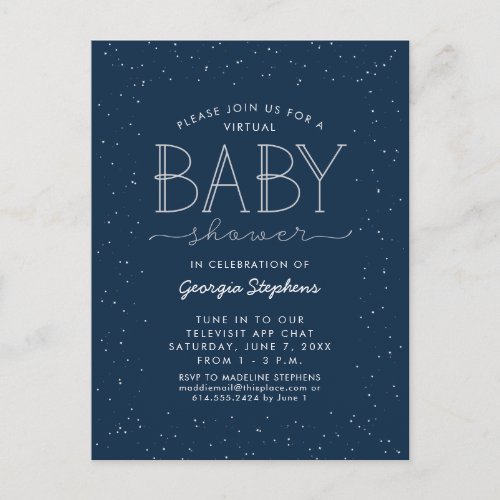 Star virtual baby shower navy invitation postcard