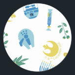 Star Wars Hanukkah Icon Pattern Classic Round Sticker<br><div class="desc">Check out this cute Star Wars Hanukkah pattern,  featuring BB-8,  Rebel Insignia,  menorah,  Millennium Falcon,  dreidels,  and lightsabers!</div>