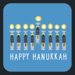 Star Wars "Happy Hanukkah" Lightsaber Menorah Square Sticker<br><div class="desc">Check out these lightsabers lit with short flames in the form of a menorah with "Happy Hanukkah" written below!</div>