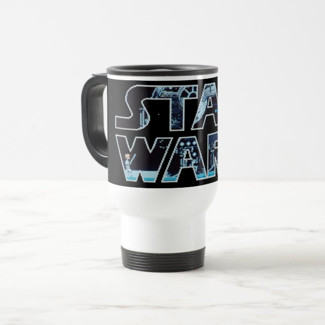 Star Wars Luke Skywalker Retro Video Game Logo Travel Mug (Front Left)