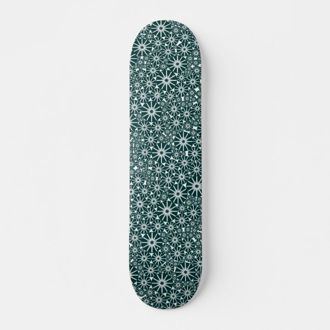 Star Wheel Abstract - Dark Green on White Skateboard Deck (Front)