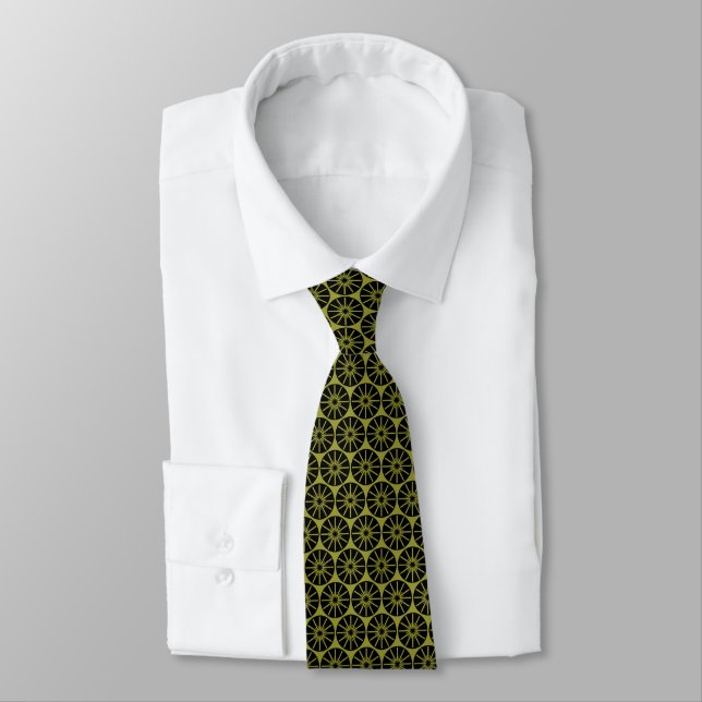 Star Wheel Pattern - Black on Green 999933 Neck Tie (Tied)