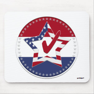 Star with US Flag, Red Check & 50 Stars - round Mouse Pad