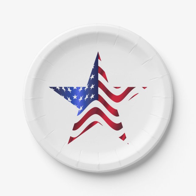 Star with USA Flag, 4th of July Paper Plates (Front)