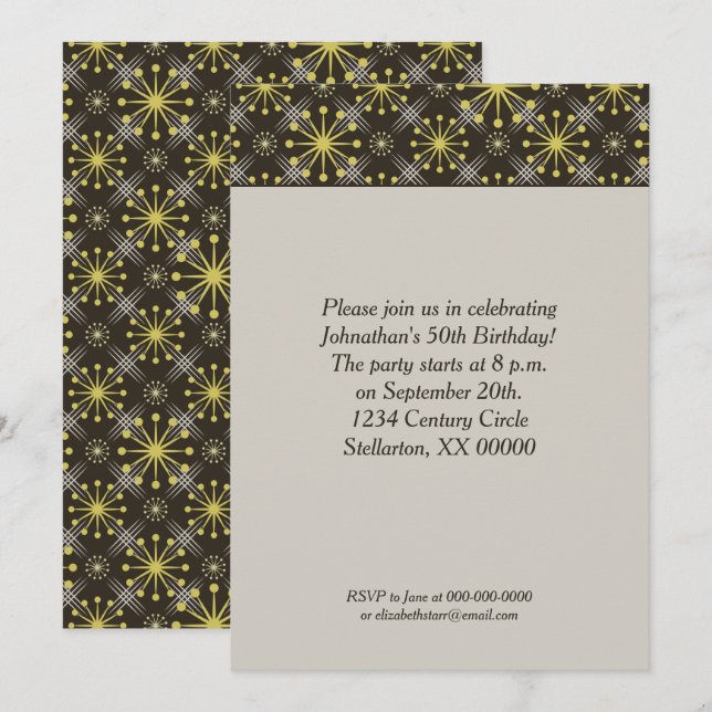 Starburst and Lines Mid Century Brown Retro Invitation (Front/Back)