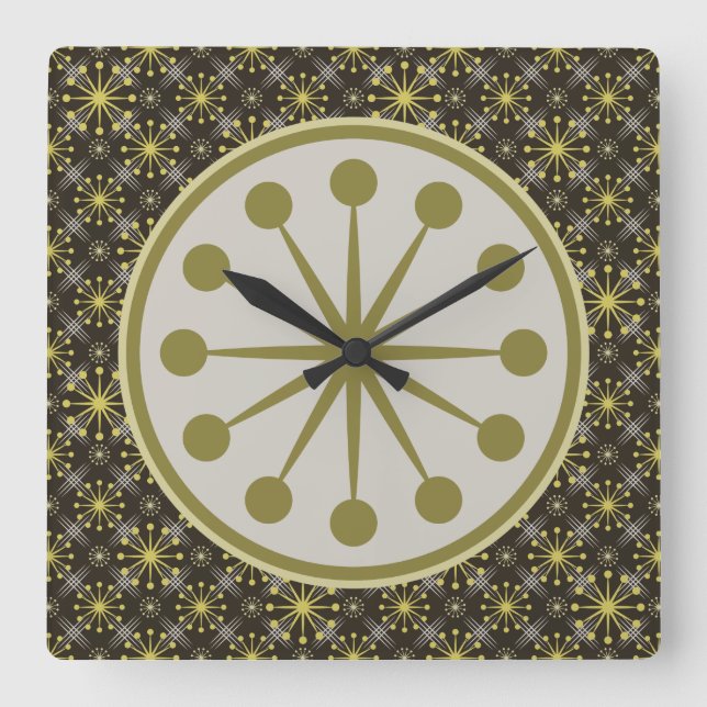 Starburst and Lines Mid Century Pattern Earth Hues Square Wall Clock (Front)