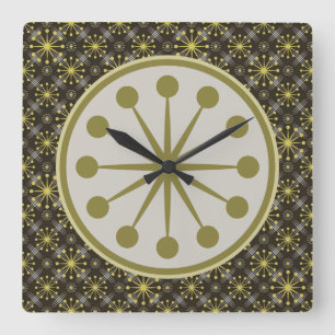 Starburst and Lines Mid Century Pattern Earth Hues Square Wall Clock