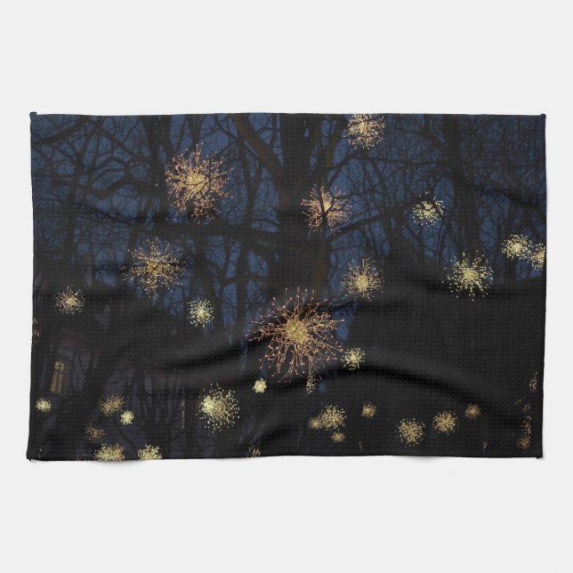 Starburst lights in trees, night holiday kitchen towel (Horizontal)