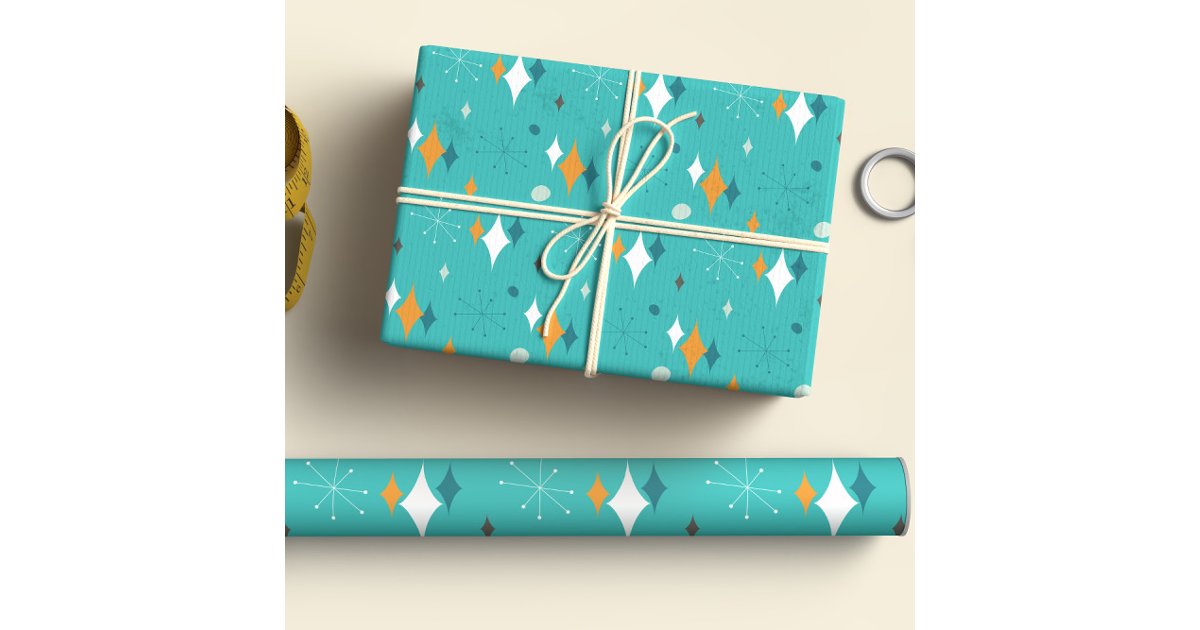 Starburst Mid Century Modern Pattern in Teal Wrapping Paper Sheets | Zazzle