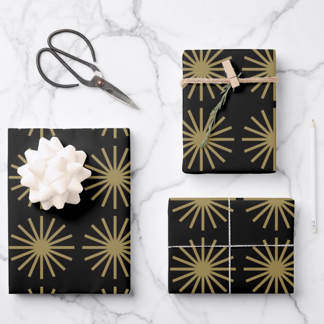 Starburst Pattern Black and Gold Wrapping Paper Sheets (Front)