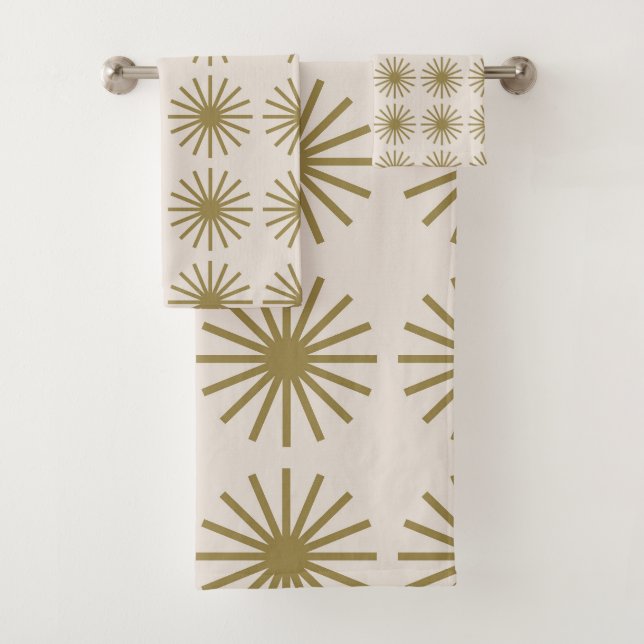 Starburst Pattern Gold & Linen White Bath Towel Set (Insitu)