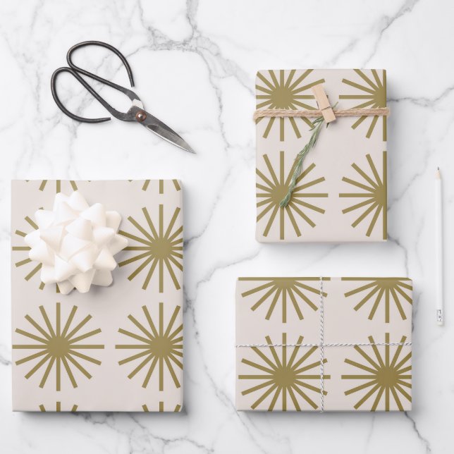 Starburst Pattern Gold & Linen White Wrapping Paper Sheets (Front)