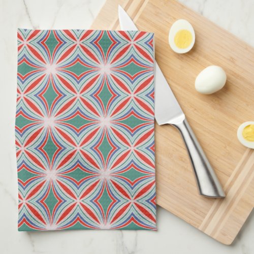 Starburst Striped Tile Pattern in Red Green Blue Kitchen Towel