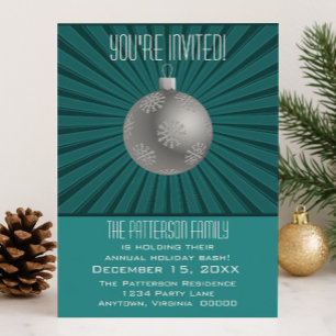 Starburst Stripes Ornament Holiday Party, Teal Invitation