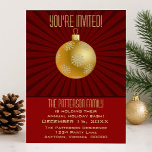 Starburst Stripes Ornament Party, Red and Gold Invitation