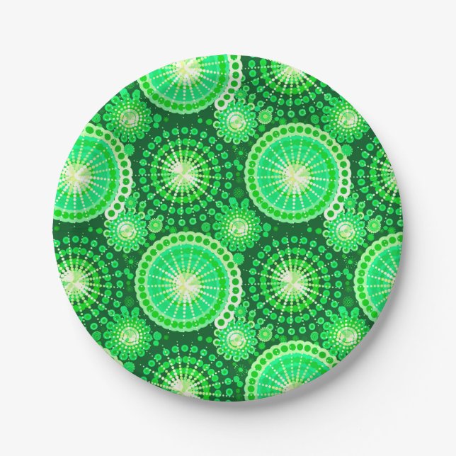 Starbursts and pinwheels, dark pine green paper plates (Front)