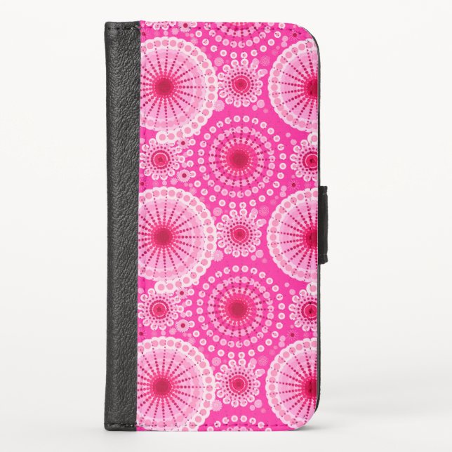 Starbursts and pinwheels, fuchsia pink & maroon iPhone wallet case (Front)
